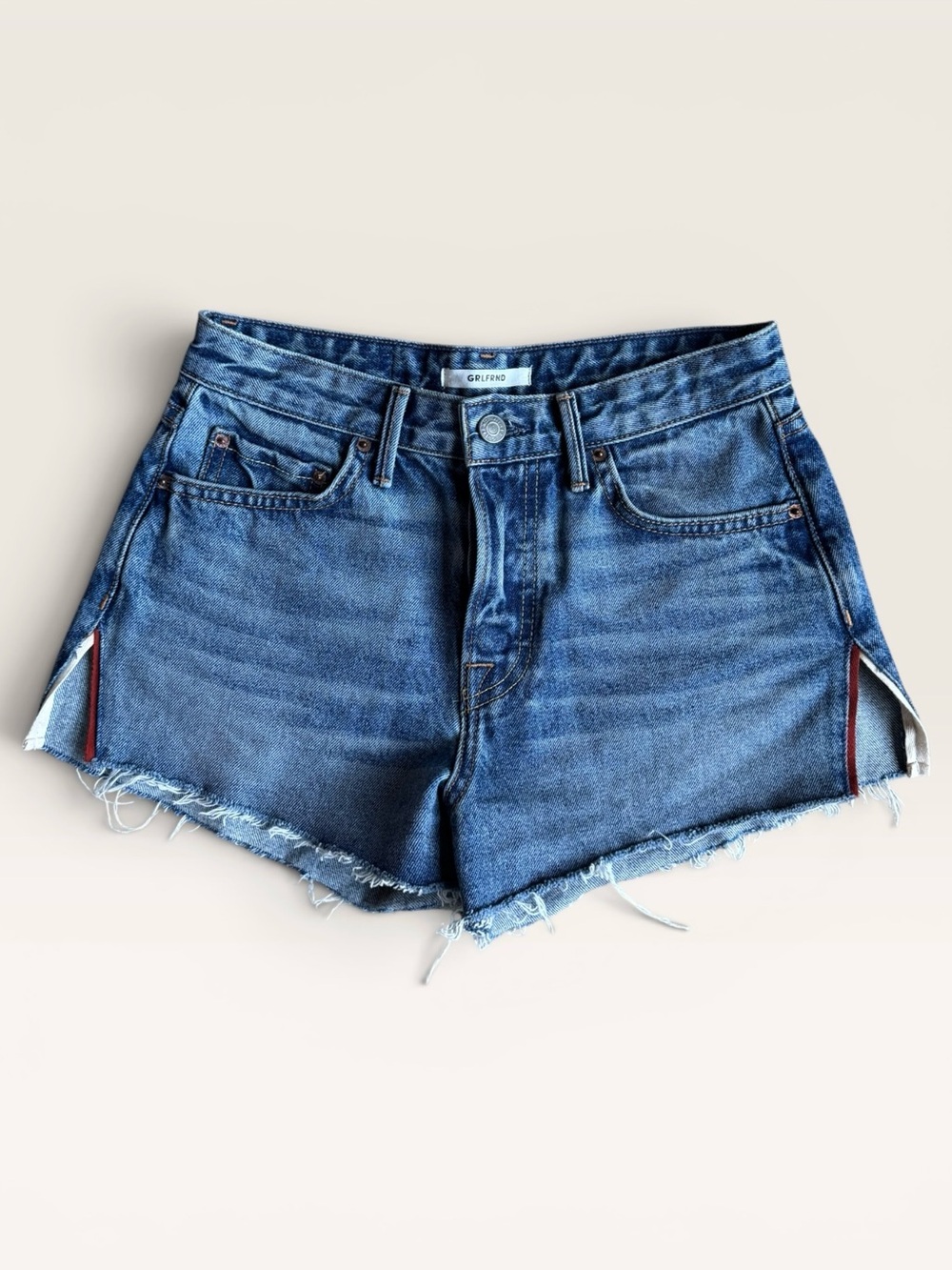 GRLFRND Cindy High-Rise Denim Shorts w/ Side Slits Raw Hem Vintage Wash Sz 24